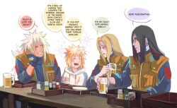  1girl 3boys black_hair blonde_hair child densetsu_no_sannin english_text facial_mark flak_jacket highres jacket jiraiya_(naruto) kokodrawings konohagakure_shinobi_uniform multiple_boys namikaze_minato naruto_(series) naruto_shippuuden orochimaru_(naruto) tsunade_(naruto) 