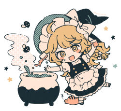  1girl :d apron black_hat black_skirt black_vest blonde_hair bow braid cauldron commentary deformed full_body hair_bow hat hat_bow kirisame_marisa long_hair mozukuzu_(manukedori) mushroom side_braid simple_background single_braid skirt smile solo star_(symbol) sweatdrop touhou tsuchinoko tsuchinoko_(touhou) untranslatable_commentary vest waist_apron white_apron white_background white_bow witch_hat yellow_eyes 