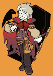  billspooks bird black_cape bow bowtie button_nose cape closed_eyes closed_mouth coffin colored_skin crow fire_emblem fire_emblem_awakening fire_emblem_heroes grey_hair halloween henry_(animal_crossing) henry_(fire_emblem) henry_(happy_vampire)_(fire_emblem) high_collar highres orange_background puffy_sleeves purple_sash red_bow red_bowtie sash simple_background star_(symbol) toon_(style) torn_cape torn_clothes vampire_costume vest waistcoat white_skin 