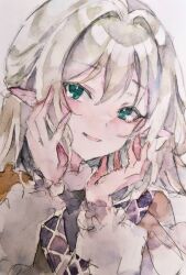  1girl absurdres blonde_hair brown_shirt commentary_request green_eyes highres kamu_kotan long_sleeves looking_at_viewer medium_hair mizuhashi_parsee open_mouth pointy_ears shirt smile solo touhou traditional_media upper_body 