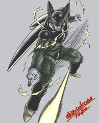  angry arthropod_boy arthropod_limbs black_nails cell_(dragon_ball) clenched_teeth colored_skin commentary_request creative_signature dragon_ball dragon_ball_z electricity energy_ball fighting_stance fingernails from_above green_skin grey_background grey_skin highres long_fingernails monster motion_lines muscular muscular_male pectorals perfect_cell pointing shinsokunotaka simple_background teeth wings 