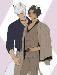  2boys animal_ears beard black_hair black_shirt brown_jacket brown_vest commentary_request cowboy_shot dark-skinned_male dark_skin facial_hair green_eyes hand_on_own_hip highres jack_howl jacket jacket_on_shoulders ki_toji leona_kingscholar lion_boy lion_ears lion_tail looking_to_the_side male_focus multiple_boys purple_background scar scar_across_eye scar_on_face shirt standing tail twisted_wonderland vest white_hair wolf_boy wolf_ears wolf_tail yellow_eyes 
