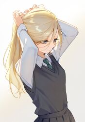  1girl arms_up artist_name black_skirt black_sweater_vest blonde_hair blue_eyes breasts closed_mouth collared_shirt commentary diagonal-striped_clothes diagonal-striped_necktie english_commentary from_side genderswap genderswap_(mtf) green_necktie hair_between_eyes harry_potter_(series) highres hogwarts_school_uniform hyanna-natsu jewelry long_hair long_sleeves looking_down malfoid necktie ponytail ring school_uniform shirt signature simple_background skirt slytherin small_breasts solo striped_clothes striped_necktie sweater_vest tying_hair upper_body white_background white_shirt wizarding_world 