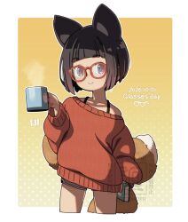  1girl animal_ears bare_shoulders black_hair book border brown_background brown_eyes brown_hair closed_mouth collarbone commentary_request cup dolphin_shorts fox_ears fox_girl fox_tail glasses glasses_day grey_shorts holding holding_book holding_cup kitsune kukuri_(mawaru) long_sleeves mawaru_(mawaru) mug off_shoulder original puffy_long_sleeves puffy_sleeves red-framed_eyewear red_sweater short_hair short_shorts shorts smile solo steam sweater tail white_border 