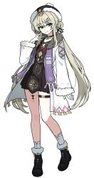  1girl black_boots black_dress black_hat boots brown_hair closed_mouth commentary_request dress full_body fur-trimmed_headwear fur_trim green_eyes hand_up hat highres jacket korean_commentary lix_(iroiro3843) long_hair long_sleeves nail_polish nivora_(wuthering_waves) purple_nails simple_background smile solo tacet_mark_(wuthering_waves) thigh_strap white_background white_jacket wuthering_waves 