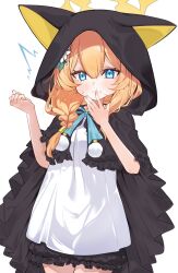  1girl ^^^ alternate_costume amaton707 animal_ear_hood black_cape black_shorts blue_archive blue_eyes braid_over_shoulder cape cowboy_shot flower food food_on_face frilled_cape frilled_shorts frills full_mouth hair_flower hair_ornament halo highres hood long_hair looking_at_viewer mari_(blue_archive) orange_hair shirt shorts simple_background solo white_background white_flower white_shirt yellow_halo 