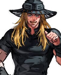  1boy black_hat blonde_hair blue_eyes commentary cowboy_hat english_commentary goggles goggles_on_headwear grills gyro_zeppeli hat helvetica1999 jojo_no_kimyou_na_bouken long_hair pointing pointing_at_self pointing_with_thumb simple_background solo steel_ball_run upper_body white_background 