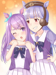  2girls animal_ears aqua_bow arm_around_neck blunt_bangs blush bow bowtie breasts brown_hat ear_bow ear_ribbon fang gold_ship_(umamusume) grey_hair grin hat highres horse_ears horse_girl itaba_atsushi long_hair mejiro_mcqueen_(umamusume) multiple_girls one_eye_closed open_mouth pillbox_hat pleated_skirt puffy_short_sleeves puffy_sleeves purple_bow purple_bowtie purple_hair purple_shirt sailor_collar sailor_shirt school_uniform shirt short_sleeves skirt small_breasts smile teeth tracen_school_uniform umamusume violet_eyes white_skirt 