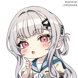  1girl artist_request blue_sailor_collar blush brown_shirt chibi chibi_only commentary_request company_name copyright_notice grey_hair hair_ornament hakuchuumu_no_aojashin hand_up hatano_rin index_finger_raised long_hair long_sidelocks looking_at_viewer lowres neckerchief open_mouth red_eyes sailor_collar school_uniform serafuku shirt sidelocks simple_background solo upper_body white_background white_neckerchief x_hair_ornament 