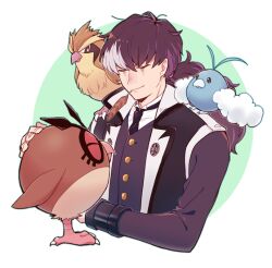  1boy ace_attorney ayataka_(tmtayata) black_jacket black_necktie buttons closed_eyes commentary_request cropped_torso crossover feather_in_mouth hoothoot jacket male_focus necktie on_shoulder petting phoenix_wright:_ace_attorney_-_dual_destinies pidgey pokemon_(creature) pokemon_on_shoulder ponytail simon_blackquill smile swablu 