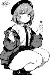  1girl ahoge alternate_hair_length_(shorter) alternate_hairstyle ankle_socks beret blunt_bangs breast_pocket cheyanne_(girls'_frontline_2) collared_shirt commentary_request dated ding36 flat_chest full_body girls'_frontline_2:_exilium girls_frontline greyscale halftone hat heart jacket long_sleeves looking_at_viewer m200_(girls'_frontline) medium_hair miniskirt monochrome necktie no_gloves open_clothes open_jacket pleated_skirt pocket shirt shoes sidelocks signature simple_background skirt smile socks solo squatting thick_thighs thighs 