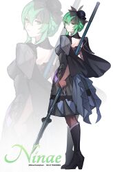  1girl absurdres armor black_dress boots dress fascinator fire_emblem fire_emblem:_fortune's_weave green_eyes green_hair hat high_heel_boots high_heels highres holding holding_polearm holding_weapon mini_hat ninae_(fire_emblem) polearm shoulder_armor silvercandy_gum solo weapon 