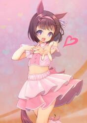  1girl :d absurdres animal_ears back_bow blunt_bangs blush bow bow_legwear brown_hair clothing_cutout commentary_request cowboy_shot cropped_shirt detached_collar ear_bow ear_covers ear_flower ear_ornament gradient_background hair_ornament hairband hands_up heart highres horse_ears horse_girl horse_tail layered_skirt looking_at_viewer loose_socks meni_shuki_rush-sshu! midriff nishino_flower_(umamusume) open_mouth pink_background pink_bow pink_hairband pink_shirt pink_skirt reaching reaching_towards_viewer shirt short_hair shoulder_cutout skirt smile socks solo standing tail umamusume violet_eyes white_bow x_hair_ornament yashin_(yasinz) 