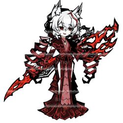  1girl animal_ears ba_yun_qi bow chinese_commentary commentary_request dress fox_ears full_body la_manchaland_(identity)_(project_moon) limbus_company open_mouth original oversized_object parody project_moon red_bow red_dress red_trim scissors smile solo style_parody white_hair 