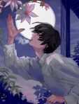  1boy arm_up black_eyes black_hair buttoned_cuffs buttons cigarette collared_shirt dahlia evening flower from_side full_moon highres holding holding_cigarette kagoya1219 leaf long_sleeves looking_up male_focus moon original parted_lips pink_flower profile shirt short_hair smoking solo twilight white_shirt 