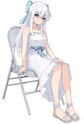  1girl absurdres ai_mu_nai_te blue_bow blue_eyes blue_nails bow chair commentary_request dress folding_chair hair_bow highres long_hair looking_at_viewer nail_polish open_mouth original sandals scrunchie sidelocks sitting sleeveless sleeveless_dress solo toenail_polish toenails toes white_dress white_hair white_scrunchie wrist_scrunchie 