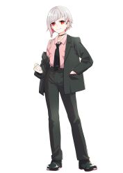  1girl black_choker black_jacket black_necktie black_pants black_shoes black_suit choker collarbone collared_shirt commentary_request full_body grey_hair hand_in_pocket highres jacket kanduki_kamibukuro love_live! love_live!_hasu_no_sora_jogakuin_school_idol_club multicolored_hair necktie open_clothes open_jacket pants pink_shirt red_eyes red_streaks shirt shoes short_hair simple_background single_off_shoulder smile solo streaked_hair suit textless_version virtual_youtuber white_background yugiri_tsuzuri 