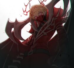  1boy absurdres blonde_hair half_mask halo highres horns le_rouge_(identity)_(project_moon) limbus_company looking_to_the_side mask misg1111 project_moon red_eyes red_halo red_suit sinclair_(project_moon) suit white_background 