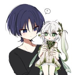  1boy 1girl ? armlet asymmetrical_sidelocks bare_shoulders black_sleeves bloomers blunt_ends braid closed_mouth cross-shaped_pupils detached_sleeves dress eyelashes eyeliner genshin_impact gold_armlet green_eyes green_hair green_pupils green_sleeves green_trim hair_between_eyes hair_ornament half_crown_braid hands_up heart heart_hair_ornament jewelry leaf leaf_hair_ornament light_blush long_hair long_sleeves looking_at_another makeup multicolored_hair nahida_(genshin_impact) open_mouth pointy_ears purple_hair red_eyeliner scaramouche_(genshin_impact) short_dress side_ponytail sidelocks size_difference spoken_question_mark streaked_hair sweatdrop symbol-shaped_pupils tsurime v-neck violet_eyes wheat_02 white_background white_bloomers white_hair wolf_cut 