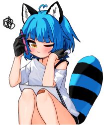  1girl :3 ;3 ahoge alternate_costume animal_ears bandaid bandaid_on_knee bandaid_on_leg black_gloves blue_hair blush chromashift closed_mouth commentary english_commentary eyelashes gloves hair_intakes heart heart_ahoge highres holding holding_eraser holding_pen one_eye_closed pen poko_rakun raccoon_ears raccoon_girl raccoon_tail ryoshi shirt short_hair simple_background sitting sketchbook smile solo squiggle tail virtual_youtuber white_background white_shirt yellow_eyes 