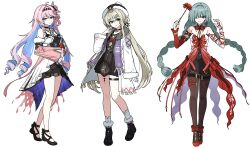  3girls absurdres ahoge bandage_over_one_eye bandaged_arm bandages bare_shoulders black_boots black_dress black_hat black_pantyhose black_shoes black_skirt blue_hair boots breasts brown_hair chain closed_mouth colored_inner_hair commentary_request denia_(wuthering_waves) detached_sleeves dress earrings flower full_body fur-trimmed_headwear fur_trim gloves green_eyes green_hair hair_ornament halter_dress halterneck hand_up hat highres holding holding_flower holding_stuffed_toy jacket jewelry korean_commentary lix_(iroiro3843) long_hair long_sleeves looking_at_viewer low_twintails medium_breasts mole mole_on_thigh multicolored_hair multiple_girls nail_polish nivora_(wuthering_waves) pantyhose parted_lips phrolova_(wuthering_waves) pink_hair purple_nails red_dress red_gloves red_shoes shoes simple_background single_detached_sleeve skirt smile spider_lily stuffed_toy tacet_mark_(wuthering_waves) thigh_strap twintails white_background white_dress white_jacket wuthering_waves 