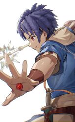  1boy absurdres blue_shirt cai_castor commentary_request fire_emblem fire_emblem:_fortune's_weave from_side highres holding holding_polearm holding_weapon kumo33 messy_hair outstretched_arm polearm purple_hair red_eyes shirt smile solo weapon wristband 
