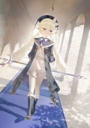  1girl antenna_hair arch arms_behind_back ascot black_boots black_coat black_hat blonde_hair blue_ascot boots bow carpet chain coat commentary_request dappled_sunlight double-parted_bangs dress dutch_angle fagi_(kakikaki) frilled_boots frills full_body grin hair_between_eyes hallway hat hat_bow highres holding holding_behind_back holding_staff kneehighs lolo_orifice long_hair long_sleeves looking_to_the_side low-tied_long_hair low_twintails mage_staff open_clothes open_coat partial_commentary pointy_ears puff_and_slash_sleeves puffy_long_sleeves puffy_sleeves red_eyes roman_numeral short_dress sidelighting sideways_glance smile socks solo specialite_(company) staff standing standing_on_one_leg sunlight twintails very_long_hair virtual_youtuber walking white_bow white_dress white_socks 