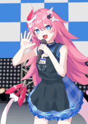  1girl :d absurdres apron bare_arms bare_shoulders black_apron blue_eyes blue_shirt blue_skirt commentary_request delta_(honkai_impact) erio_dazima fang hair_between_eyes hands_up heart heart_in_mouth highres holding holding_microphone honkai_(series) honkai_impact_3rd horns long_hair microphone pink_hair plaid_clothes plaid_skirt rozaliya_olenyeva shirt short_eyebrows single_horn skirt sleeveless sleeveless_shirt smile solo tail thick_eyebrows very_long_hair 