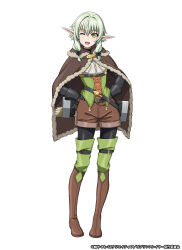  1girl :d arrow_(projectile) artist_request belt black_belt black_bodysuit black_bow black_gloves bodysuit boots bow brown_boots brown_shorts copyright_name copyright_notice corset elf flat_chest full_body gloves goblin_slayer! goblin_slayer:_the_endless_revenge green_corset green_eyes green_hair green_thighhighs hair_between_eyes hair_bow hands_on_own_hips head_tilt high_elf_archer_(goblin_slayer!) highres long_pointy_ears looking_at_viewer medium_hair official_alternate_costume official_art one_eye_closed open_mouth pointy_ears quiver shorts sidelocks simple_background smile solo standing teeth thigh-highs upper_teeth_only white_background 