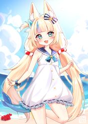  1girl :3 ahoge animal_ear_fluff animal_ears beach blonde_hair blue_bow blue_eyes blue_nails blue_sky blue_streaks blush bow cat_ears clouds commentary cowboy_shot crab day dress english_commentary fang fins fish_girl fish_tail frilled_sailor_collar frills highres indie_virtual_youtuber leg_up lifebuoy_anklet lifebuoy_hair_ornament long_hair looking_at_viewer low_twintails multicolored_hair one_side_up open_mouth outdoors paper_boat sailor_collar sameko_saba sameko_saba_(1st_costume) sand sandals scrunchie sky sleeveless sleeveless_dress smile solo streaked_hair striped_bow sun_glare svnnydraw tail twintails very_long_hair virtual_youtuber white_dress wrist_scrunchie yellow_sandals 