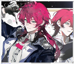  1boy ahoge aqua_eyes ascot black_gloves black_jacket chinese_commentary closed_mouth collared_shirt commentary_request crossed_bangs gloves green_eyes hair_between_eyes highres holding holding_pen jacket long_hair long_sleeves looking_at_viewer low_ponytail male_focus multiple_views open_clothes original paintbrush pen ponytail red_hair shirt smile upper_body white_shirt yhmncycz 