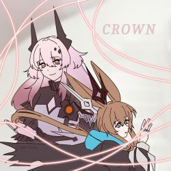  amiya_(arknights) amiya_(medic)_(arknights) animal_ears arknights blue_eyes brown_hair civilight_eterna_(arknights) cleavage_cutout clothing_cutout highres jewelry light_smile long_hair lyretiger multiple_rings pink_eyes pink_hair rabbit_ears red_eyes ring ring_on_every_finger smile tammy_(ricotyreli) theresa_(arknights) thread very_long_hair 