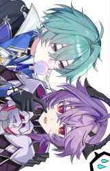  2boys ahoge aoaoahohoc armor black_choker black_gloves black_jacket black_shirt blowing_bubble_gum blue_shirt bright_pupils cape chewing_gum choker collared_shirt colored_eyelashes commentary_request covered_collarbone crossed_bangs diamond-shaped_pupils diamond_(shape) dragon_boy dragon_horns durin_(genshin_impact) empty_eyes genshin_impact gloves green_hair hair_between_eyes half-closed_eyes hand_on_another's_shoulder highres horns index_finger_raised jacket lapels lohen_(genshin_impact) looking_at_another male_focus mole mole_under_eye multiple_boys nervous nervous_smile open_clothes open_jacket open_mouth pale_skin pink_eyes purple_cape purple_hair red_eyes shirt short_hair shoulder_armor sidelocks simple_background smile speech_bubble spoken_sweatdrop striped_cape sweatdrop symbol-shaped_pupils turtleneck turtleneck_shirt upper_body white_background white_gloves white_pupils 