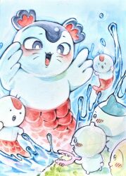  6+others absurdres chibikemo chiikawa chiikawa_(character) commentary_request fins furry hachiware_(chiikawa) highres holding holding_weapon korean_commentary looking_at_another mermaid_(chiikawa) multiple_others salted_slug12 siren_(chiikawa) splashing traditional_media usagi_(chiikawa) water weapon 