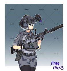  1girl absurdres binoculars black_pantyhose blue_eyes closed_mouth commentary commission cowboy_shot ear_protection english_commentary flying_kitty gloves grey_gloves grey_hair grey_helmet grey_jacket grey_shorts gun headset helmet highres holding holding_gun holding_weapon jacket original pantyhose pantyhose_under_shorts short_hair short_sleeves shorts signature solo suppressor watermark weapon 