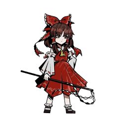  1girl ba_yun_qi bare_shoulders bow chinese_commentary commentary_request detached_sleeves full_body gohei hair_bow hakurei_reimu holding holding_gohei limbus_company parody project_moon red_bow simple_background socks solo style_parody touhou white_background white_sleeves white_socks 