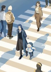  2boys animal_ears backpack bag beanie blue_hair cat_ears chinese_text closed_eyes closed_mouth collared_shirt cover cover_page crosswalk english_text fake_cover fake_magazine_cover fang hat highres jacket long_hair looking_at_another low_ponytail luo_xiaohei luo_xiaohei_(human) magazine_cover male_focus mixed-language_text multiple_boys official_art open_mouth outdoors pants people ponytail shirt simplified_chinese_text smile socks sweater the_legend_of_luo_xiaohei transparent transparent_umbrella umbrella watch watch white_hair white_shirt wuxian_(the_legend_of_luo_xiaohei) yuban_delanbai 
