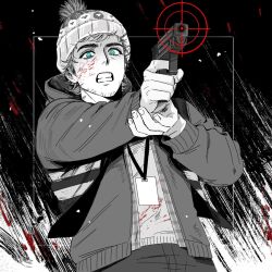  1boy beanie blood blood_on_face bryan_hodukavich clenched_teeth cowboy_shot green_eyes gun handgun hat holding holding_gun holding_weapon hood hood_down hooded_jacket id_card jacket male_focus own_hands_together pom_pom_(clothes) pom_pom_beanie resident_evil resident_evil_(2026_movie) sennmuu short_hair spot_color teeth vest weapon 