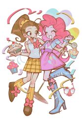  2girls \m/ ^_^ balloon blue_boots blue_jacket blush boots braces brown_hair closed_eyes collared_shirt crossover cupcake curly_hair cutie_mark cutie_mark_print eyelashes flower food footwear_flower full_body groucho_glasses hair_ornament hair_scrunchie happy heart heart_print highres holding holding_microphone_stand jacket knee_blush knee_boots kneehighs loafers looking_at_another luan_loud microphone_stand multiple_girls my_little_pony my_little_pony:_equestria_girls my_little_pony:_friendship_is_magic open_mouth pink_hair pink_skirt pinkie_pie pinkie_pie_(equestria_girls) ponytail scrunchie shirt shoes skirt sleeveless sleeveless_shirt socks standing standing_on_one_leg striped_clothes striped_socks the_loud_house uchikaze unworn_eyewear vertical-striped_clothes vertical-striped_socks white_background white_shirt yellow_scrunchie yellow_skirt yellow_socks 