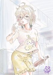  1girl ahoge bags_under_eyes braid brown_eyes brown_hair casual commentary drink english_commentary food food_in_mouth glasses ham highres holding holding_drink kitchen klara_charmwood low_twin_braids medium_hair midriff_peek molekingy nijisanji nijisanji_en pajamas refrigerator solo twin_braids usagi_(chiikawa) virtual_youtuber 