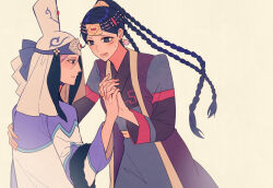  2girls black_hair blue_robe blush boqta boraqchin_(tenmaku_no_jaadugar) braid braided_ponytail cowboy_shot earrings embarrassed head_ornament highres interlocked_fingers jewelry koi01257118852 long_hair long_sleeves looking_at_another moge_(tenmaku_no_jaadugar) mongolian_clothes multiple_girls nervous_sweating open_mouth purple_robe robe smile sweat tenmaku_no_jaadugar white_robe wide_sleeves yuri 