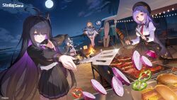  4girls 5girls absurdres ahoge amber_(stella_sora) black_hair black_sailor_collar black_skirt black_thighhighs blonde_hair blue_eyes blue_hair breasts burger chitose_(stella_sora) colored_inner_hair commentary_request cooking english_commentary english_text evening food grilling hair_between_eyes hair_ornament hat highres iris_(stella_sora) kexue long_hair looking_at_viewer medium_hair mole mole_under_eye moon multicolored_hair multiple_girls noya_(stella_sora) official_art onion_slice open_mouth pleated_skirt purple_hair red_eyes sailor_collar school_uniform serafuku shirt short_hair sitting skirt smile stella_sora thigh-highs two-tone_hair very_long_hair violet_eyes white_shirt yellow_eyes 