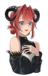  1girl absurdres ange_katrina ascot bare_shoulders black_ascot black_corset black_horns black_shirt black_sleeves blue_eyes blush breasts collared_shirt commentary corset cropped_torso curled_horns demon_horns detached_sleeves double_bun english_commentary hair_between_eyes hair_bun hair_intakes hand_on_own_chest hand_up highres hiiro_amekawa horn_ornament horns long_sleeves looking_at_viewer nail_polish nijisanji official_alternate_costume open_mouth red_hair red_nails shirt simple_background sleeveless sleeveless_shirt small_breasts smile solo teeth upper_teeth_only virtual_youtuber white_background 