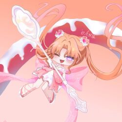 1girl armlet back_bow bare_shoulders bead_armlet blonde_hair bow chibi chinese_commentary choker commentary_request cone_hair_bun double_bun doughnut dreamtime_bestowed_(infinity_nikki) dress floating floating_hair food footwear_bow gloves gradient_hair hair_bow hair_bun hair_floating_upwards hair_ornament hair_ribbon half-closed_eye happy heart heart_hair_ornament high_heels holding holding_spoon infinity_nikki jewelry large_bow layered_dress leg_up light_blush long_hair looking_at_viewer multicolored_hair multicolored_shoes nikki_(series) one_eye_closed open_mouth orange_background oversized_food oversized_object pink_bow pink_choker pink_dress pink_hair pink_ribbon pink_shoes quanaqiang ribbon shoes short_dress signature sleeveless sleeveless_dress smile solo spaghetti_strap spoon sprinkles teaspoon two-tone_hair two-tone_shoes very_long_hair violet_eyes white_bow white_dress white_gloves white_shoes 