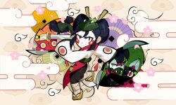  1boy 1girl absurdres bandaged_hand bandaged_leg bandages black_bodysuit black_eyes black_jumpsuit black_sash black_sleeves blue_hair blunt_sidelocks bodysuit brawl_stars brown_background cherry_blossoms chopsticks closed_mouth cloud dagger eyelashes facepaint falling_petals fan fangs_out fish flower food food_print from_behind from_side full_body game_asset geta green_background green_headband green_kimono green_sash green_umbrella grey_background grey_kimono hair_bun hair_ornament hair_stick hand_fan headband holding holding_dagger holding_sword holding_weapon japanese_clothes jumpsuit katana kaze_(brawl_stars) kenji_(brawl_stars) kimono knife leg_up long_sleeves looking_at_viewer mask mask_on_head mouth_mask multiple_views nihongami official_art orange_background orange_kimono outstretched_arm patterned_clothing pelvic_curtain petals pink_flower print_jumpsuit print_kimono profile purple_umbrella red_background red_jumpsuit red_kimono rope sash sidelocks simple_background sleeves_past_fingers slippers smile solo split_mouth sushi sword tassel thick_eyebrows umbrella undercut v-shaped_eyebrows weapon white_kimono white_sleeves white_umbrella yellow_background yellow_umbrella 