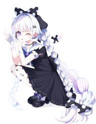  1girl absurdres aoba_nene asymmetrical_gloves ayatsuno_yuni black_bow black_dress black_shoes blue_bow blue_bowtie bow bowtie braid braided_tail collarbone dress ear_piercing fingerless_gloves full_body gloves hair_bow hair_ornament half_gloves highres long_hair low_twin_braids mismatched_gloves one_eye_closed piercing polka_dot polka_dot_bow shoes short_sleeves simple_background single_fingerless_glove single_half_glove solo squatting stellive tail tail_bow tail_ornament tongue tongue_out twin_braids v very_long_hair violet_eyes virtual_youtuber white_background white_gloves white_hair wing_hair_ornament x_hair_ornament 