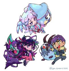  1girl 2boys :o ahoge backpack bag bede_(pokemon) black_boots black_hair black_jacket black_shirt black_shoes blue_eyes blue_jacket blue_shirt boots bright_pupils chibi closed_mouth commentary curly_hair dress dubwool english_commentary fangs fur-trimmed_jacket fur_trim glint green_bag grey_pants grimmsnarl hatterene highres holding holding_poke_ball hop_(pokemon) horns jacket layered_sleeves long_hair long_sleeves marnie_(pokemon) multiple_boys official_alternate_costume open_clothes open_jacket open_mouth pants pink_dress pink_shirt poke_ball poke_ball_(basic) pokemon pokemon_(creature) pokemon_sword_and_shield purple_hair shirt shoes short_hair short_over_long_sleeves short_sleeves simple_background smile teeth twintails twitter_username two-tone_shirt upper_teeth_only v-shaped_eyebrows violet_eyes white_background white_hair white_pupils yellow_eyes yu_quan0709 