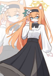  1girl alternate_costume animal_ear_fluff animal_ears apricotlemontea bespectacled black-framed_eyewear black_bow black_bowtie black_hairband black_skirt blue_archive blue_eyes bow bowtie cat_ears cat_girl collared_shirt commentary double-parted_bangs dress feet_out_of_frame flower glasses hair_between_eyes hair_flower hair_ornament hairband halo hand_up long_hair long_skirt long_sleeves looking_at_viewer mari_(blue_archive) orange_hair shirt sidelocks skirt solo standing very_long_hair white_background white_flower white_shirt yellow_halo zoom_layer 
