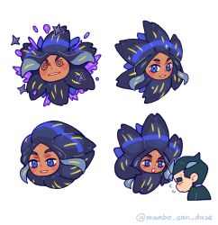  1boy @_@ black_hair blue_eyes blush blush_stickers closed_eyes commentary_request dark_skin eyelashes flying_sweatdrops fusion geeta_(pokemon) glimmora grey_hair highres larry_(pokemon) multiple_views poison pokefication pokemon pokemon_(creature) pokemon_scarlet_and_violet short_hair simple_background smile solid_oval_eyes thick_eyebrows toxic_spikes_(pokemon) twitter_username v-shaped_eyebrows white_background yu_quan0709 