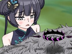  2girls big_hair black_hair blue_archive blush butterfly_hair_ornament commentary_request covered_collarbone double_bun frown grey_eyes grey_hair hair_bun hair_ornament halo hina_(blue_archive) kisaki_(blue_archive) long_hair looking_at_another meisoochuu messy_hair multiple_girls open_mouth sleeveless twintails 